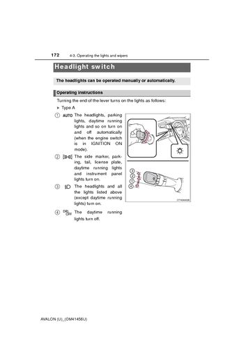 2015 Toyota Avalon Headlight switch